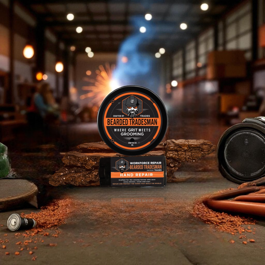 Beard grooming kit with two round tins and a small box for repair and grit