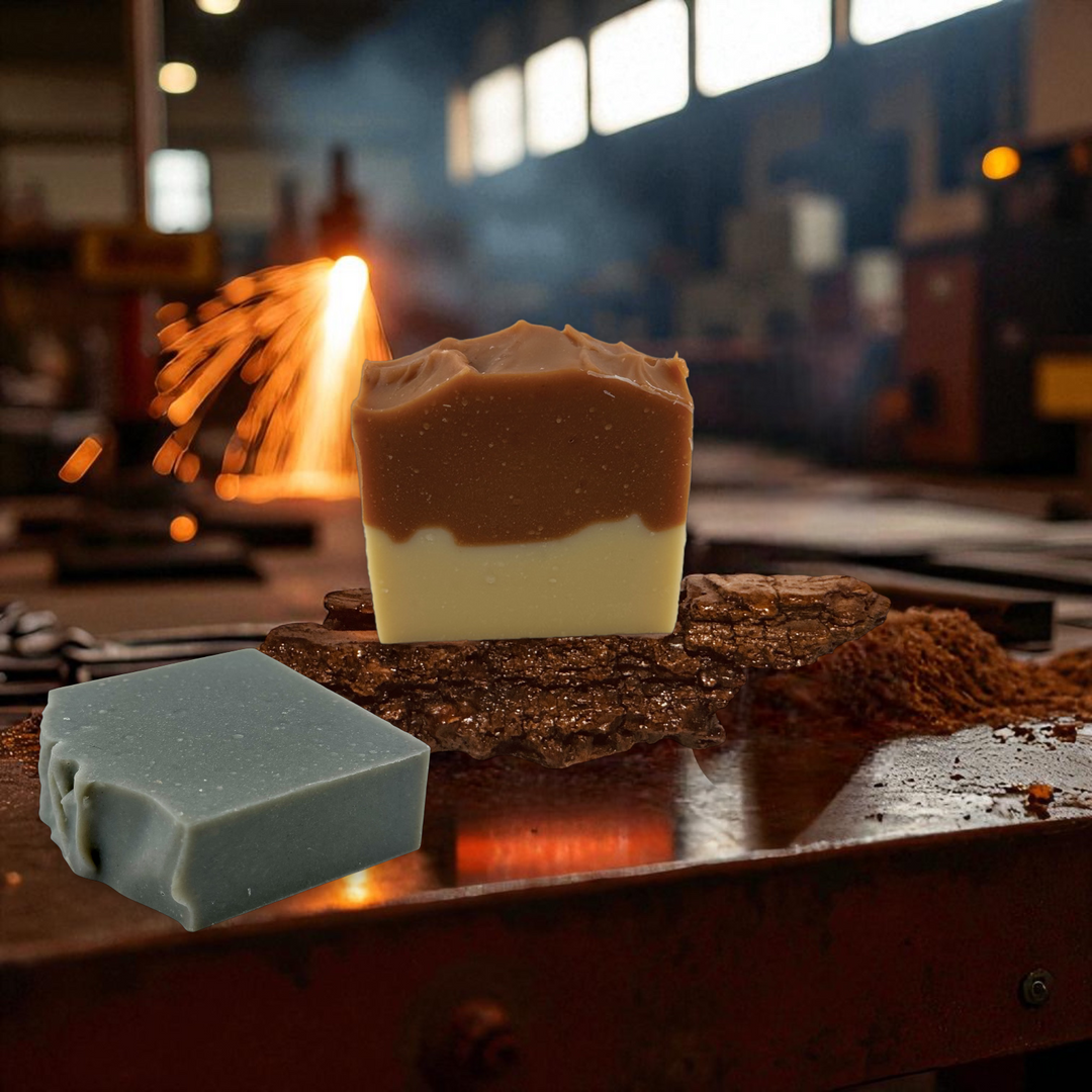 Rectangular soap bars, one cream and one dark gray, with textured surface