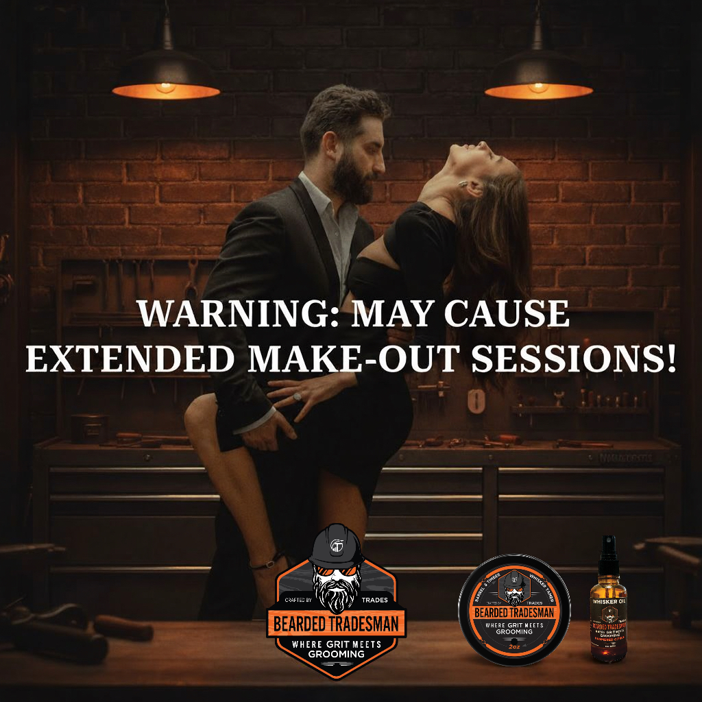 Beard grooming kit with branded tin and amber oil bottle on wooden table