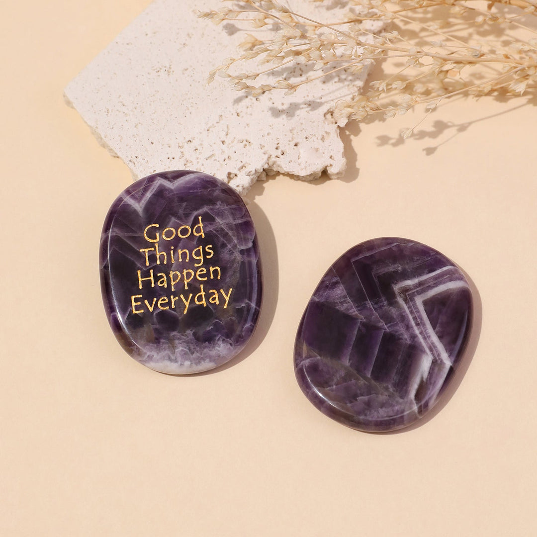 Purple oval pocket crystal stone with “Good Things Happen Everyday” inscription