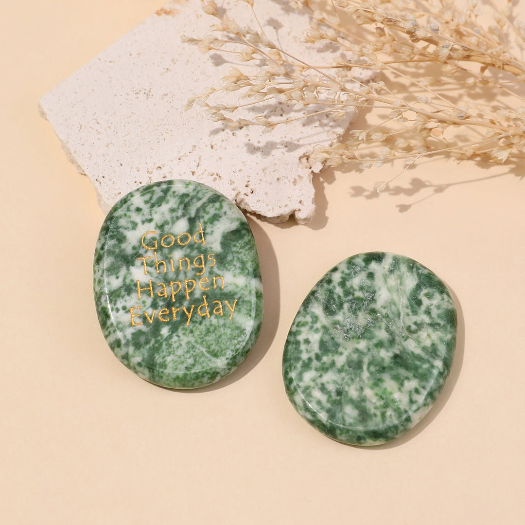 Green oval pocket crystal stones set with “Good Things Happen Everyday”