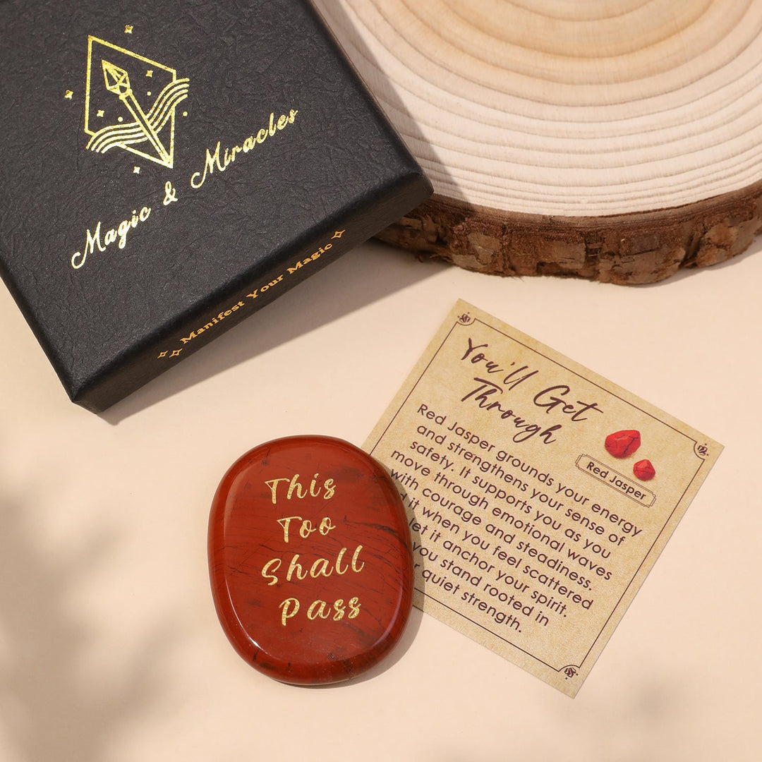 Pocket crystal stone, red oval with engraved “This Too Shall Pass” text