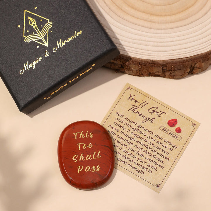 Pocket crystal stone, red oval with engraved “This Too Shall Pass” text