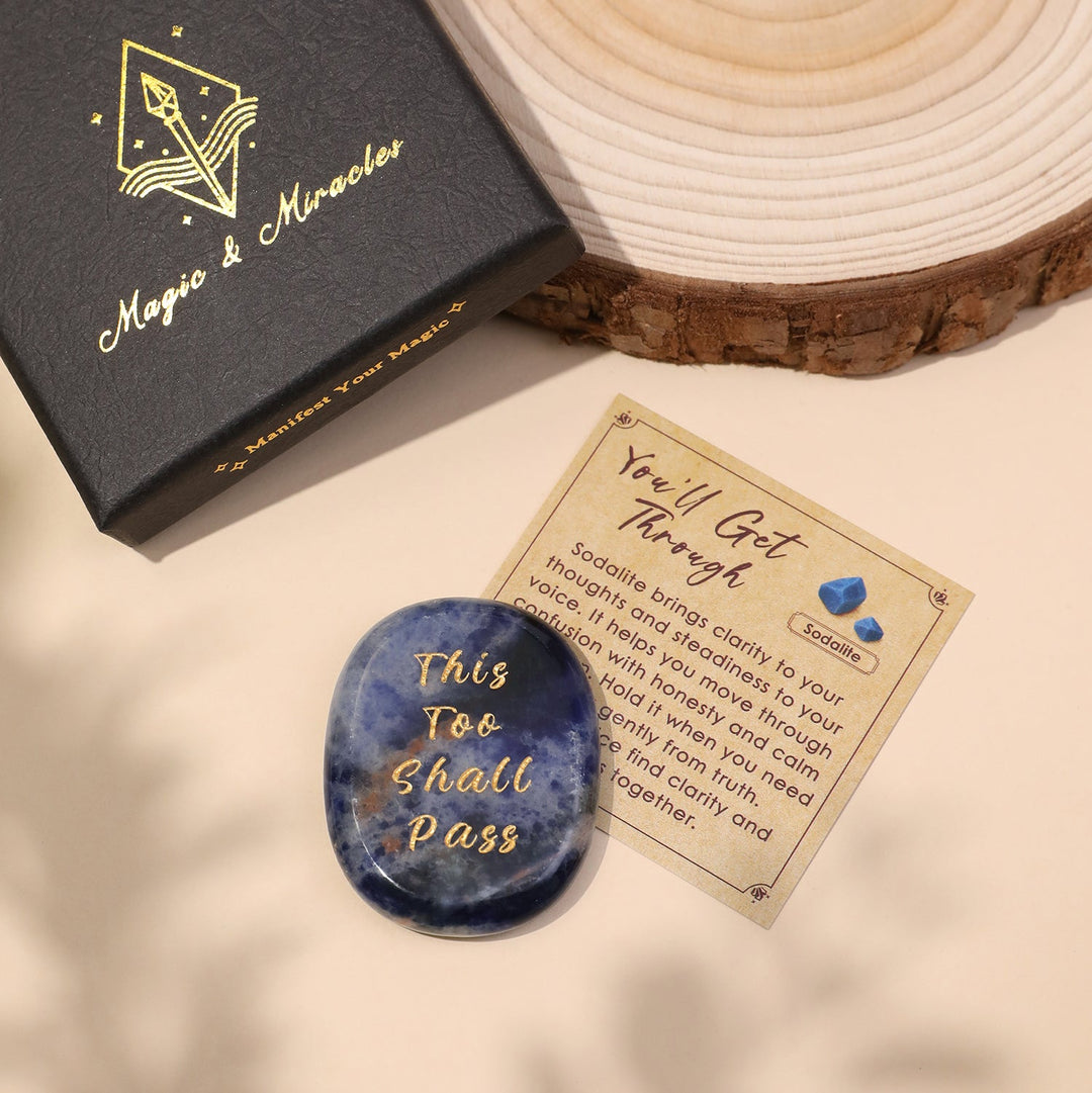 Pocket crystal stone, blue oval with engraved “This Too Shall Pass” text