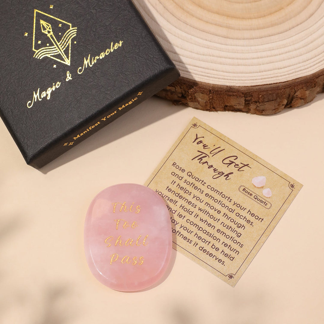 Pocket crystal stone, rose pink oval with engraved “This Too Shall Pass” text