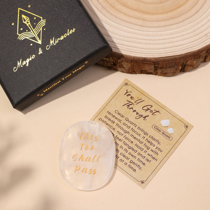 Pocket crystal stone, clear oval with engraved “This Too Shall Pass” text