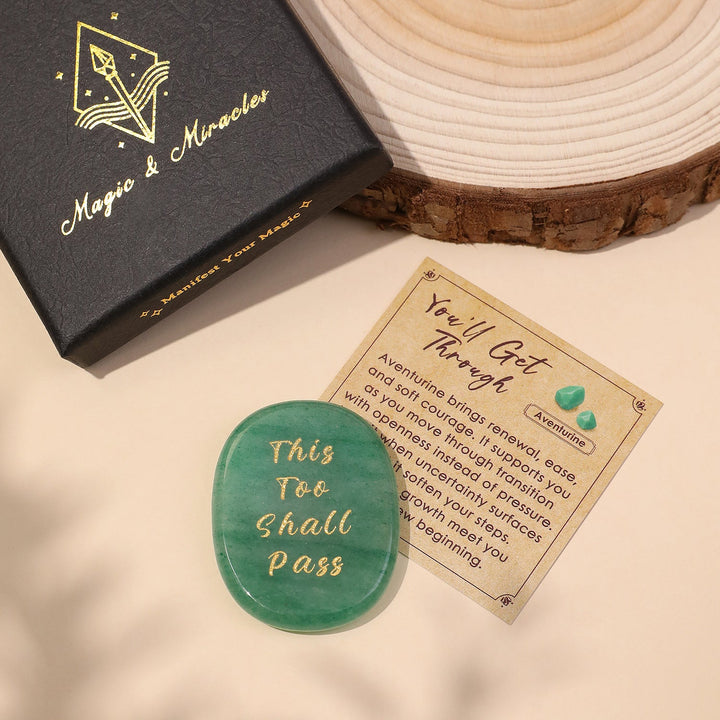 Pocket crystal stone, green oval with engraved “This Too Shall Pass” text