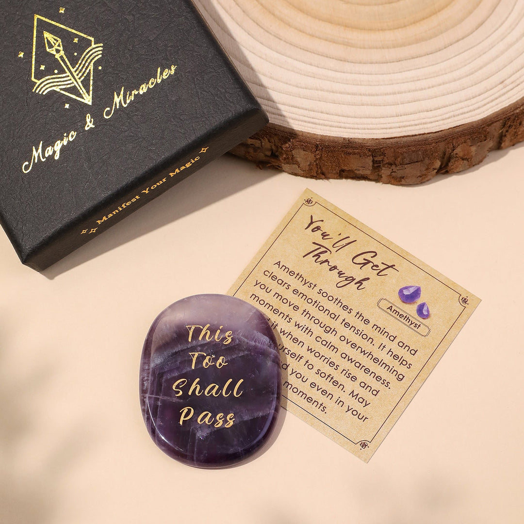 Pocket crystal stone, purple oval with engraved “This Too Shall Pass” text