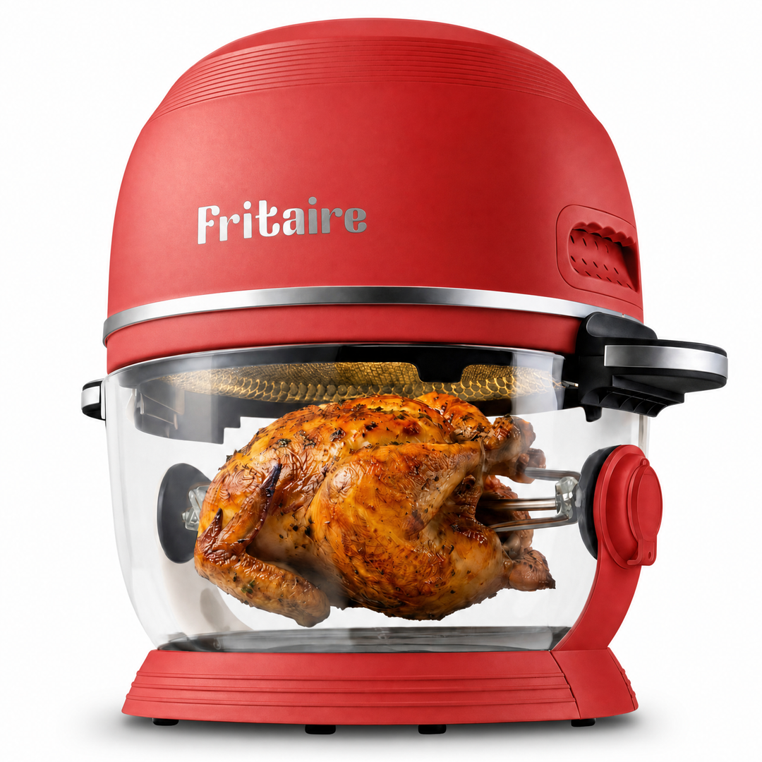 Cherry red countertop air fryer with clear glass cooking chamber and front handle