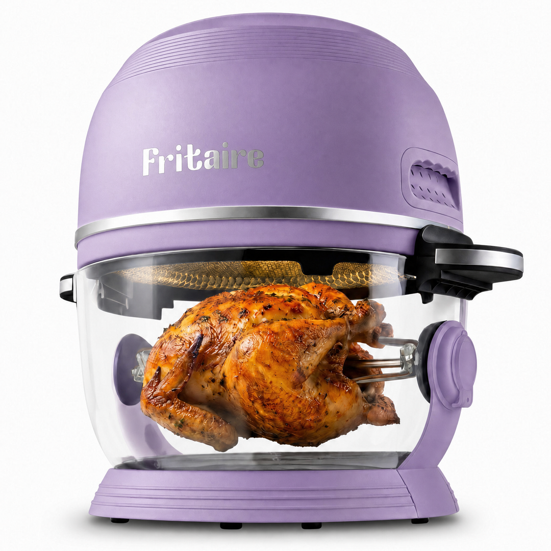 Self-cleaning non-toxic air fryer in lavender with glass bowl and rotisserie chicken