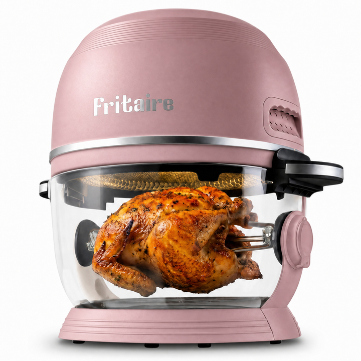 Mauve rose air fryer with clear glass bowl and open lid holding roasted chicken
