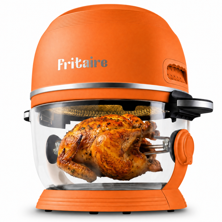 Fritaire orange air fryer with clear glass bowl and rotisserie chicken inside