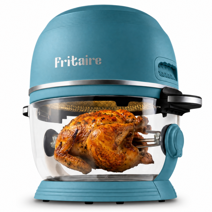 Sage green air fryer with clear glass bowl, front control knob, open with roasted chicken inside
