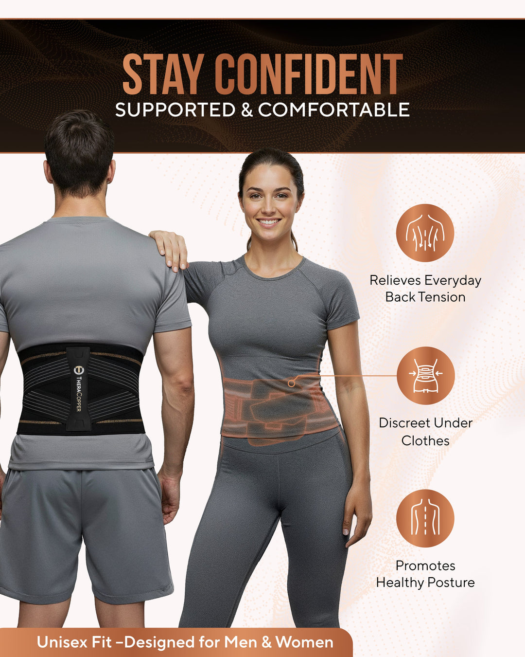 Black back compression brace worn under shirt with central vertical support