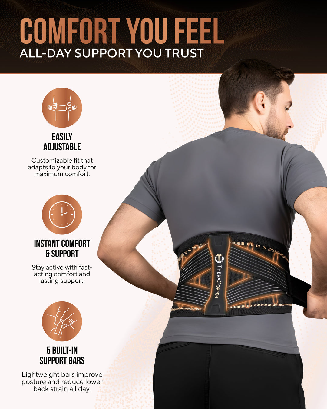 Black back brace with copper-striped panels and built-in support bars