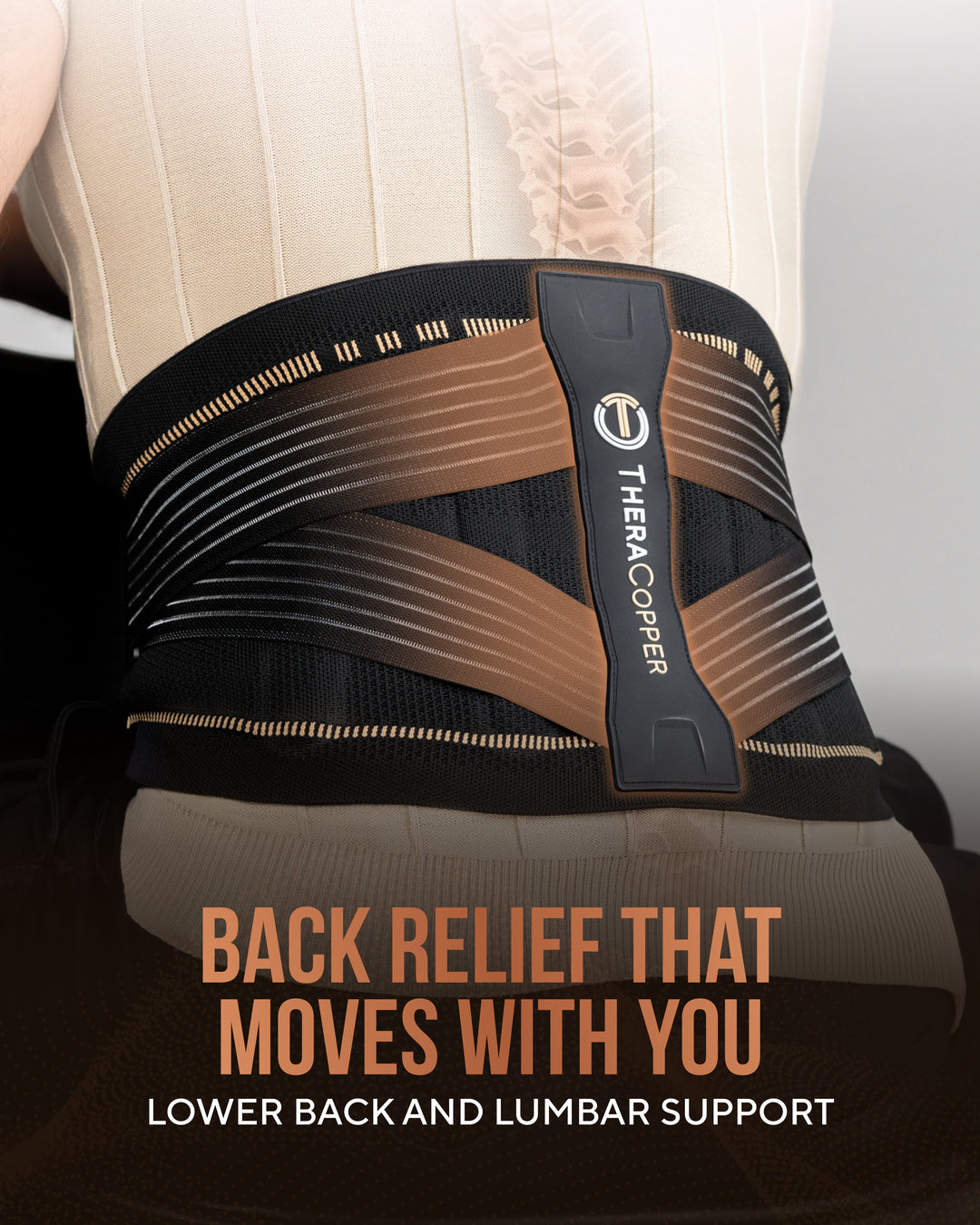 Black lumbar support brace with copper-striped bands and padded center panel