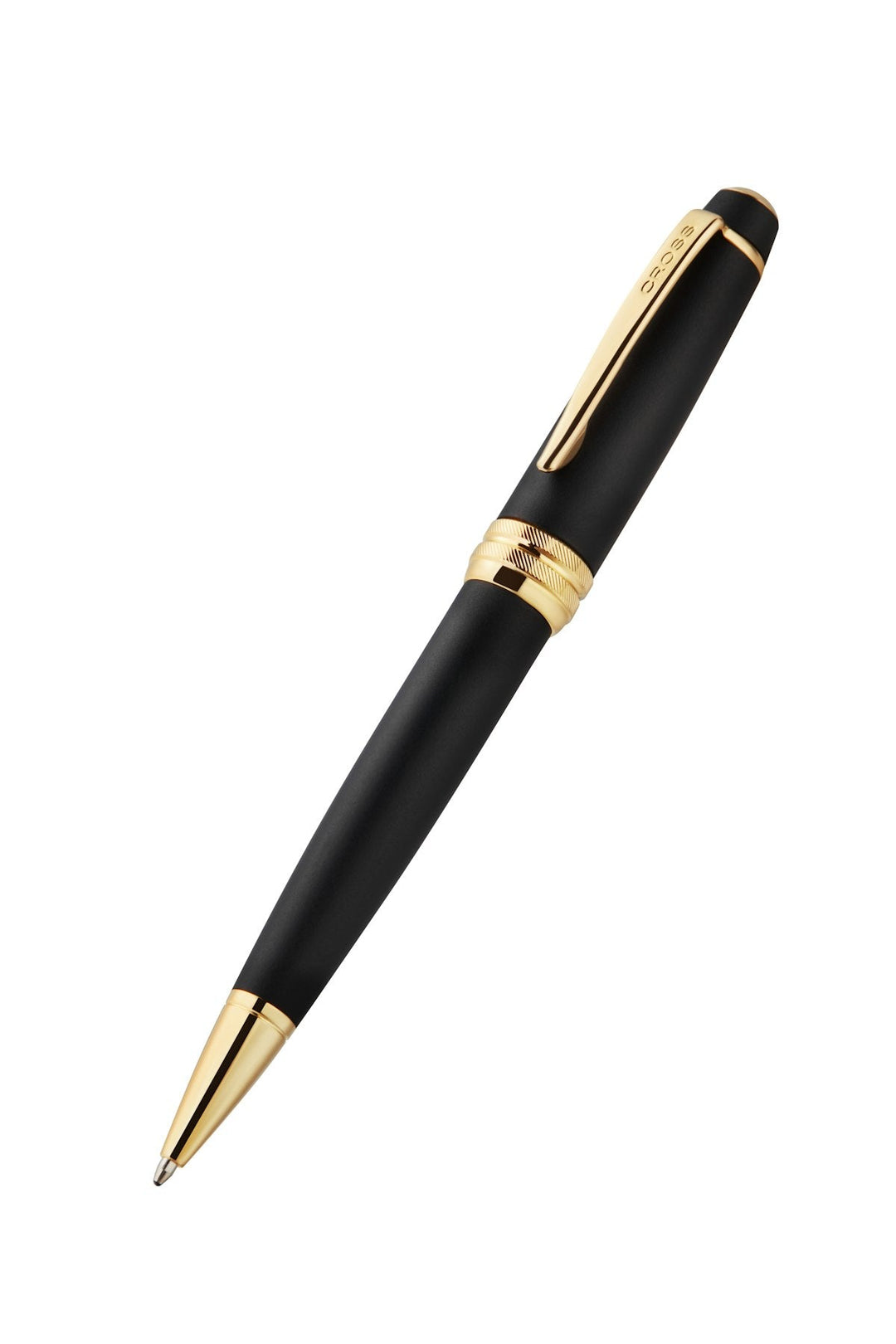 Matte black ballpoint pen with 23KT gold PVD accents and gold tip