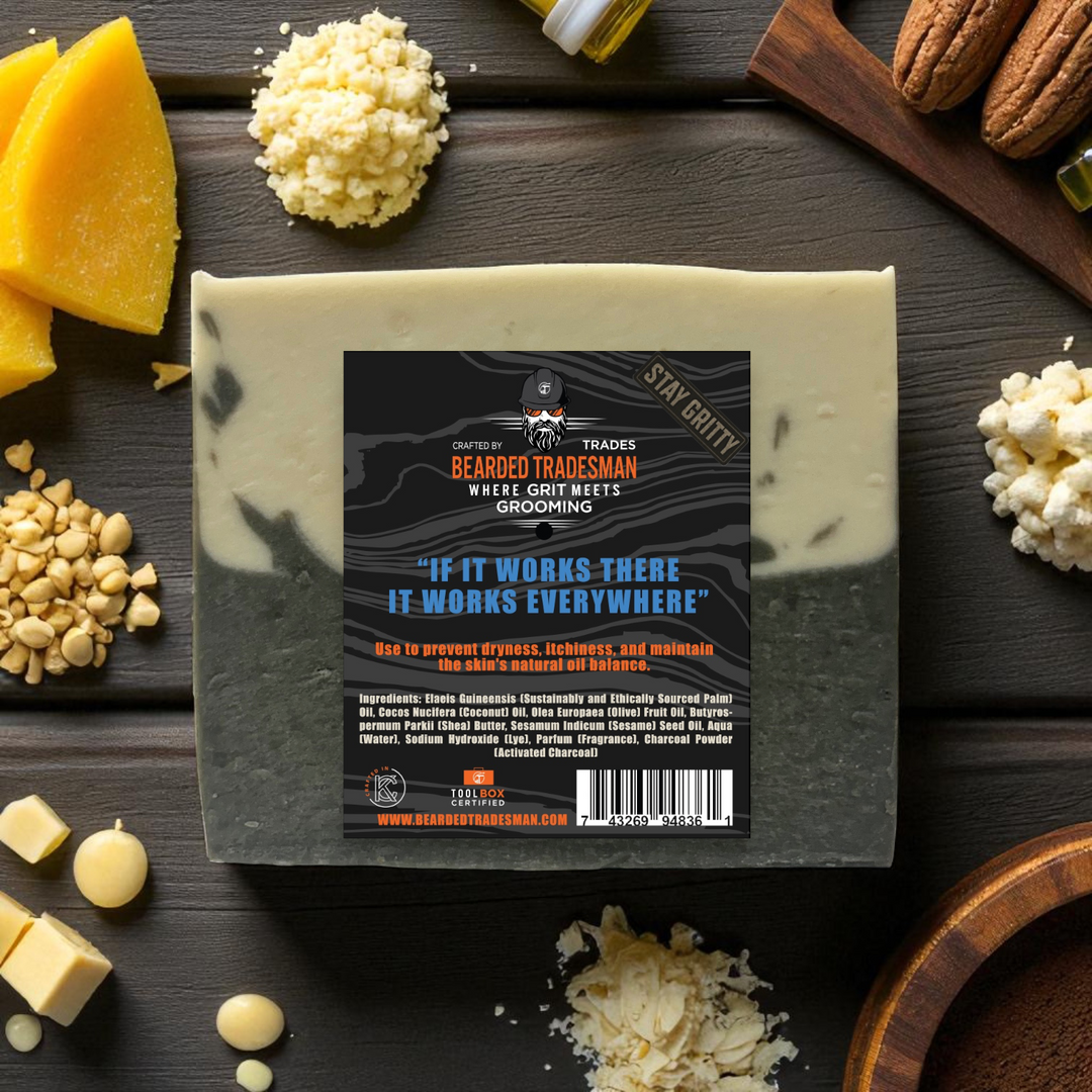Unscented grit bar soap with black label on cream soap
