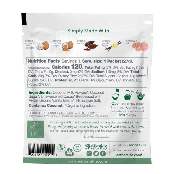 Instant Dairy Free Coconut Hot Cocoa Mix  | Single Serving 10 Pack |Gluten Free, Vegan and Organic