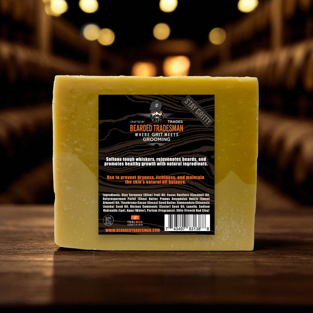 Barber wash soap bar, golden amber, rectangular shape with label facing camera