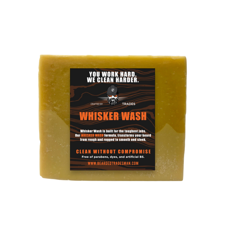 Barber wash soap bar with dark label panel, rectangular, golden amber