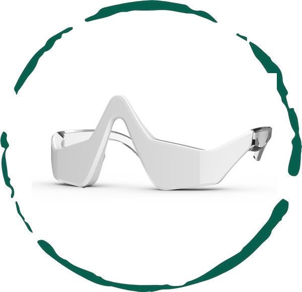 Under-eye red light therapy massage glasses with curved white frame