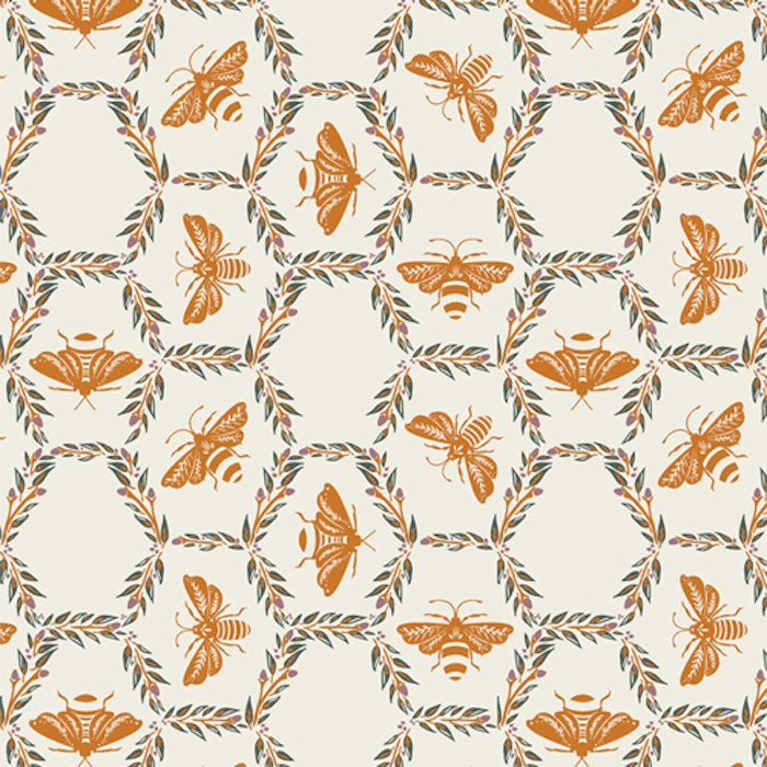 Bowl cover set fabric pattern: orange insects and leaf accents on cream background