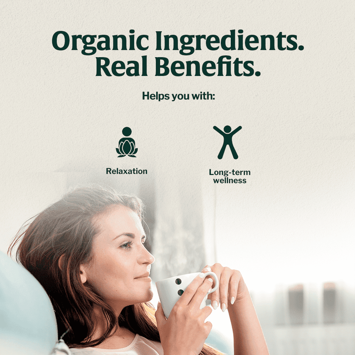 Organic ingredient benefits infographic with a woman holding a coffee cup