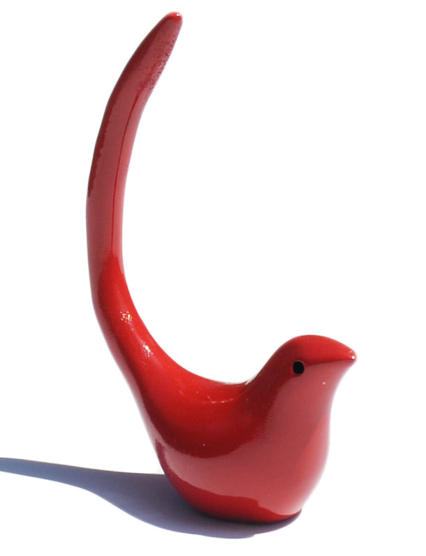 Red bird ring holder with curved tail and beak, side view