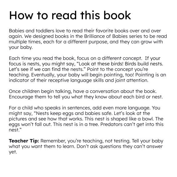 Board book inside page with printed reading instructions and a teacher tip