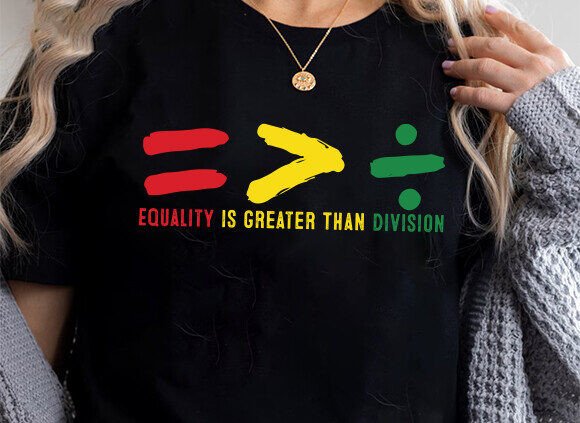 Black unisex T-shirt close-up showing multicolor equality text and symbol on chest.