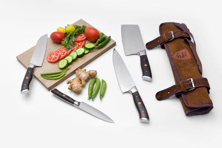 Knife set with dark-handled blades and brown leather storage roll