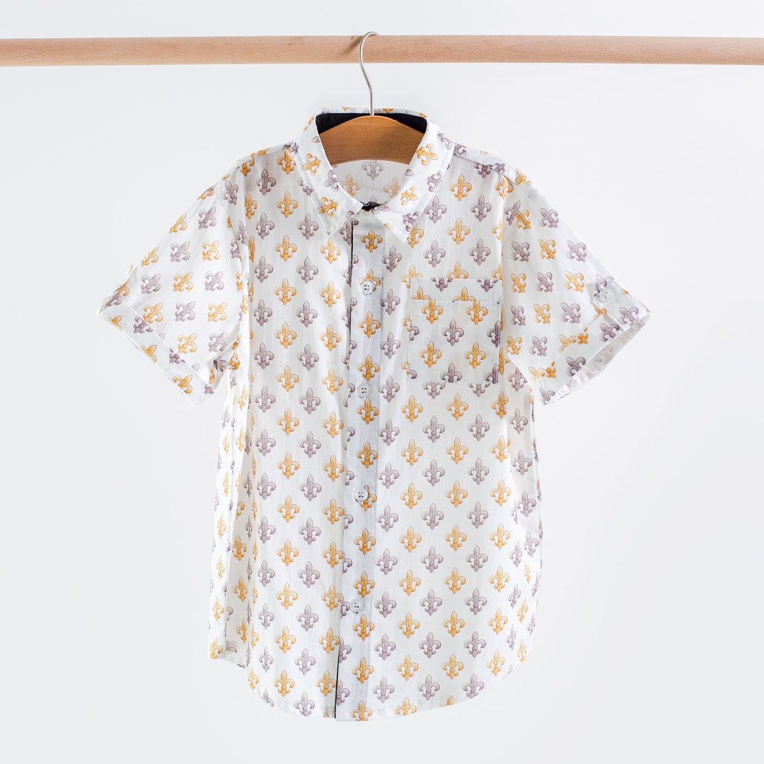 Black and Gold Fleur de Lis Short Sleeve Collared Shirt