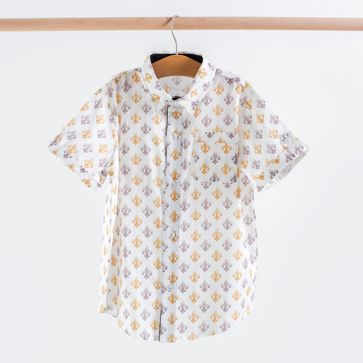 Black and Gold Fleur de Lis Short Sleeve Collared Shirt