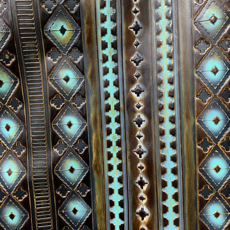 Turquoise-and-brown patterned leather hat band with diamond and dot inlays