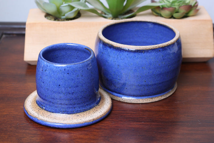 Ceramic butter dish set with cobalt blue cup and bowl, speckled glaze, round bases