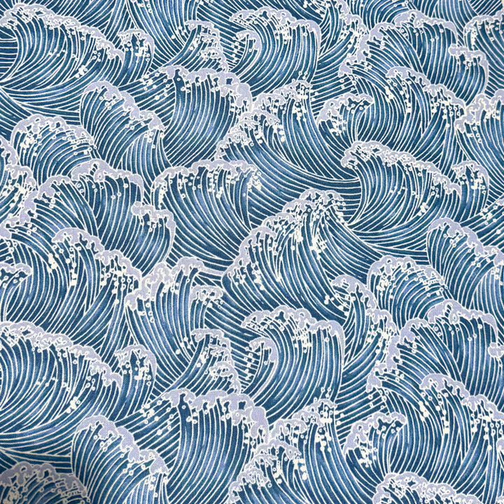 Bowl cover set fabric with wave line pattern in blue and white.