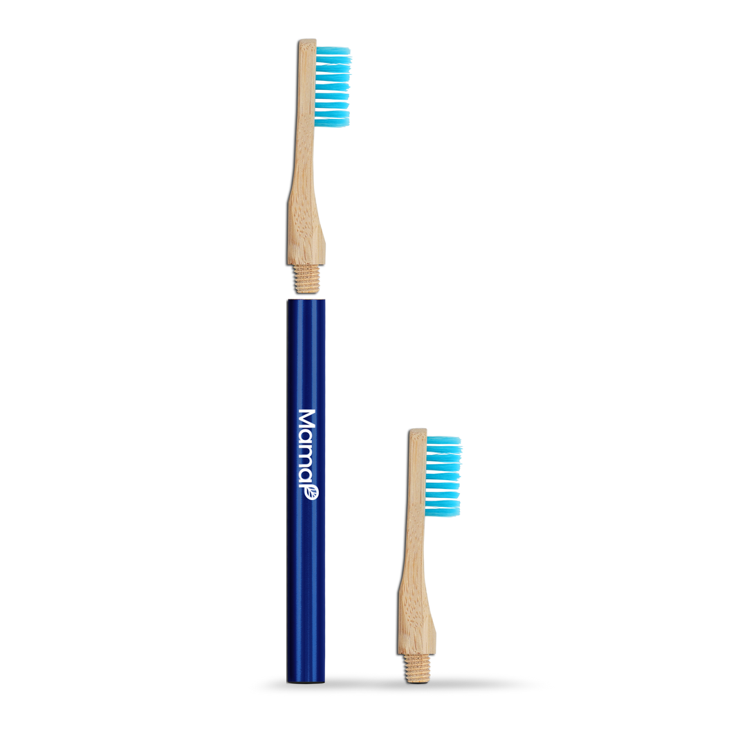 Revolve starter toothbrush set with two brushes: dark blue sleeve and bamboo handle, blue bristles.