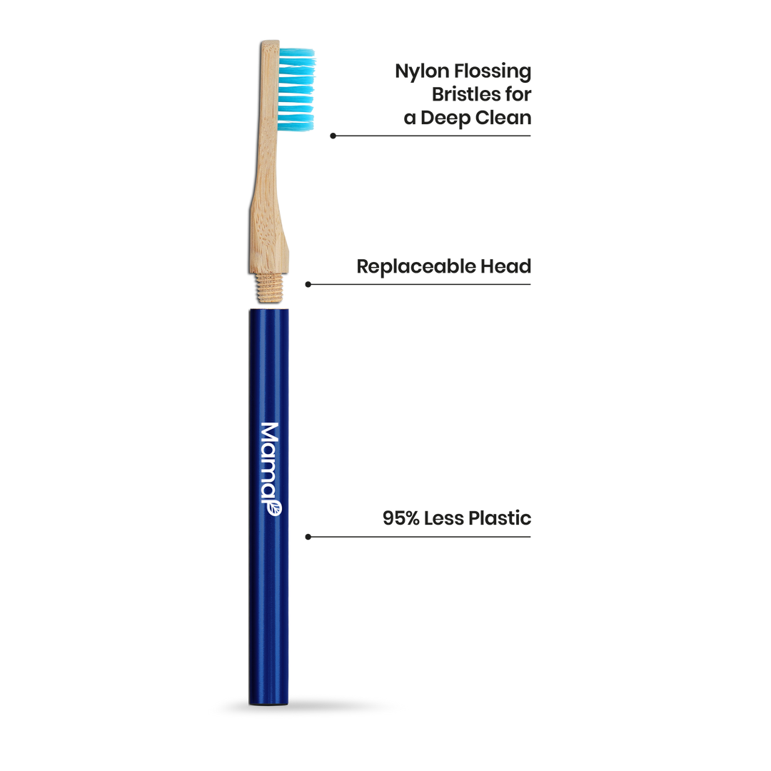 Manual toothbrush with replaceable head, blue handle and wood neck, side view