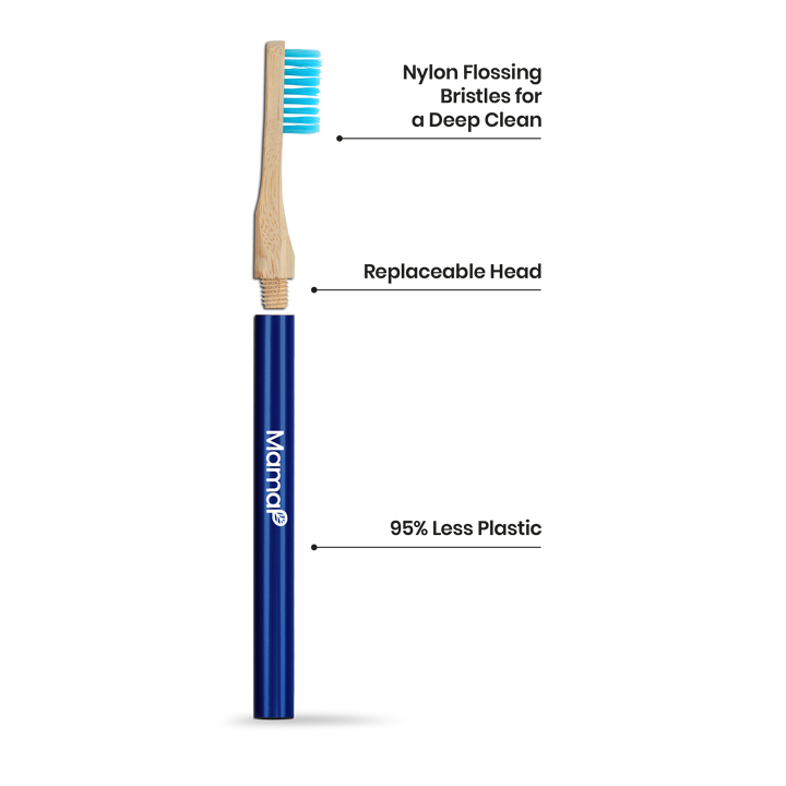Bamboo replacement head with blue handle and instruction graphic