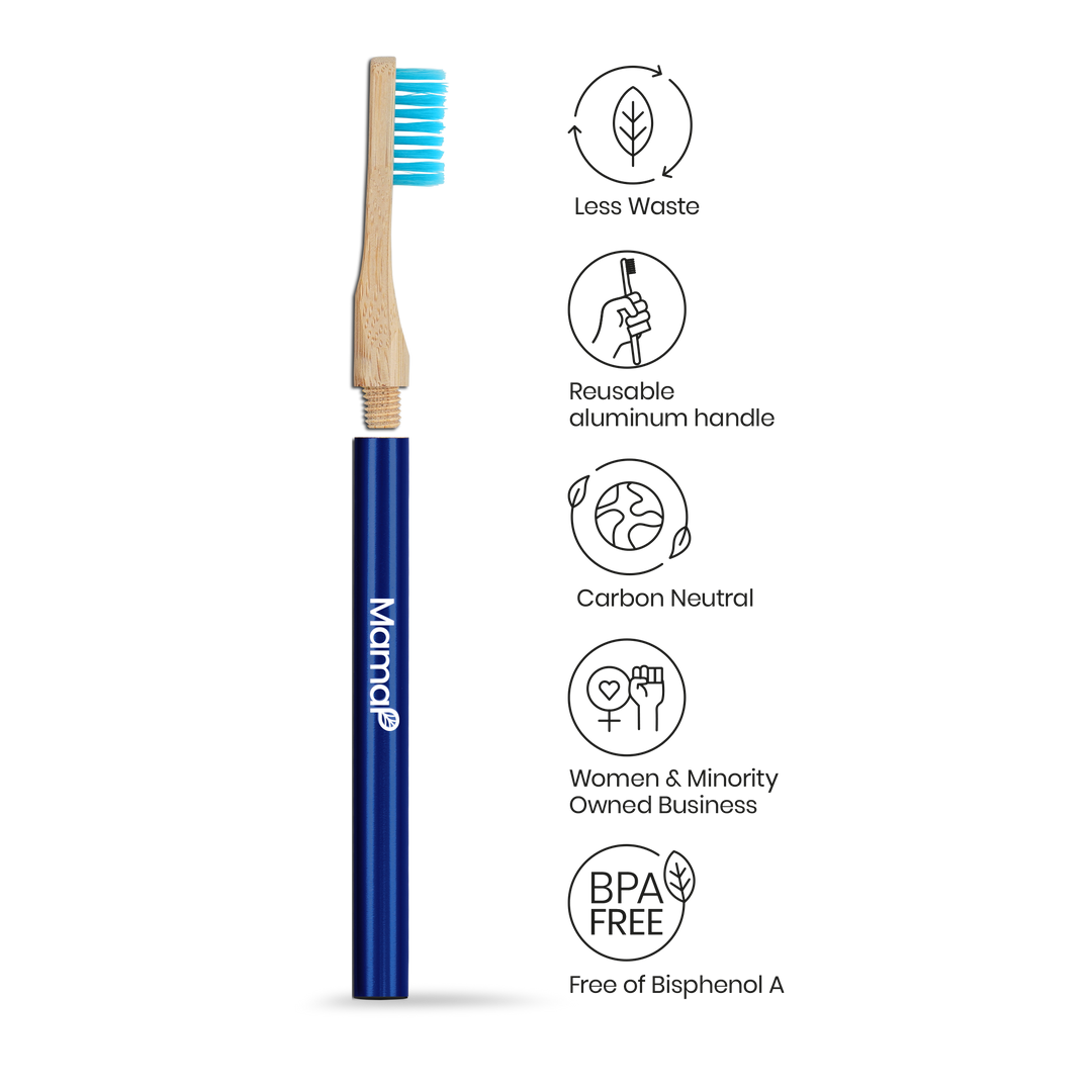 Manual toothbrush with replaceable head and blue handle, wood grip detail