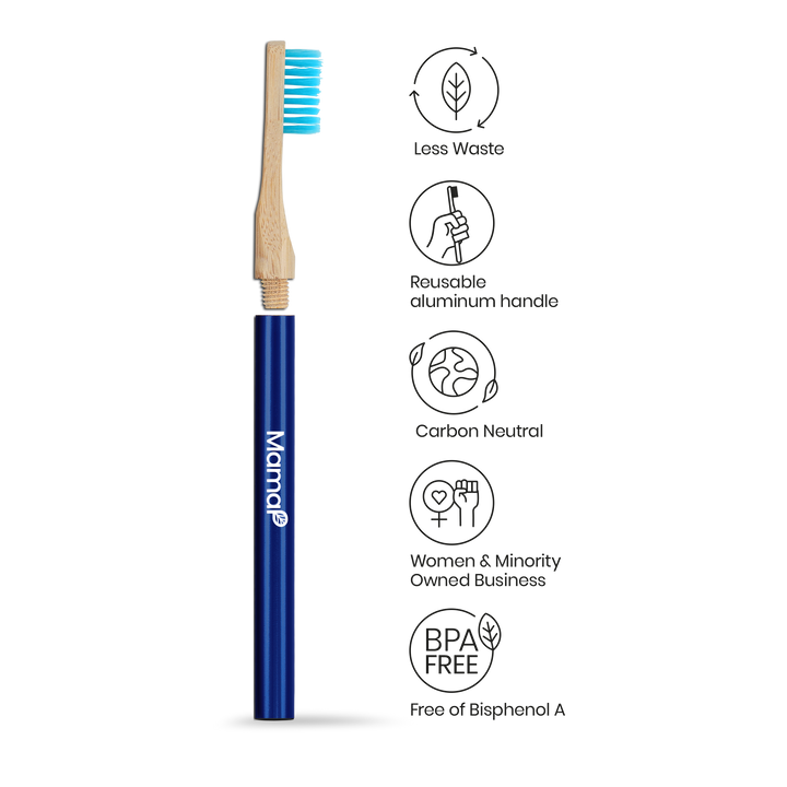 Manual toothbrush with replaceable head and blue handle, wood grip detail