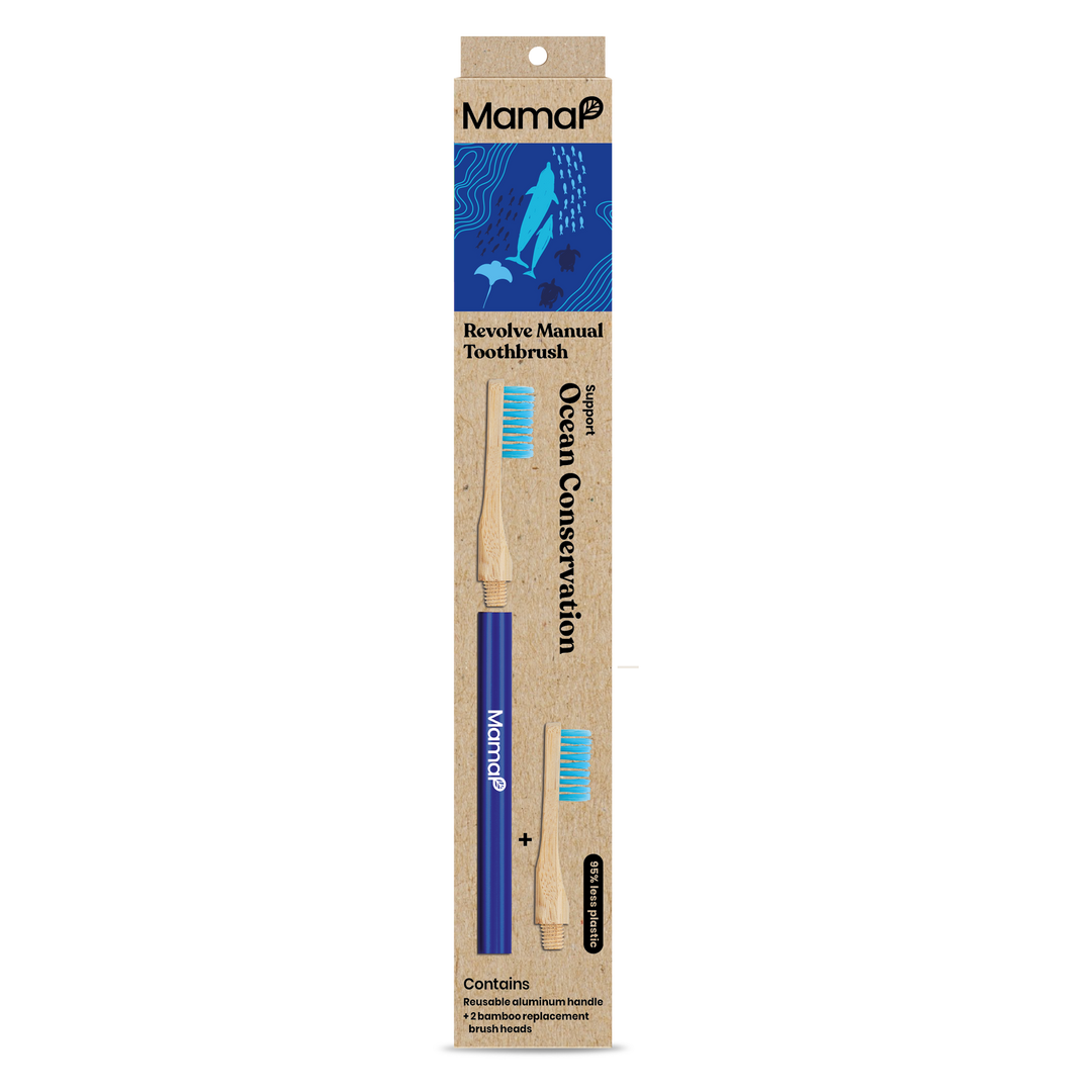 MamaP Revolve manual toothbrush packaging with ocean conservation theme, 2 heads