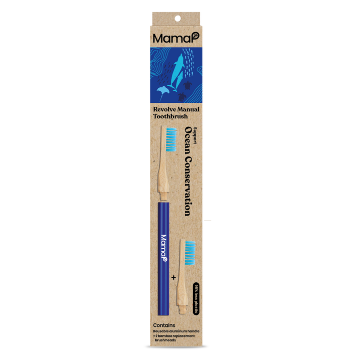 MamaP Revolve manual toothbrush packaging with ocean conservation theme, 2 heads