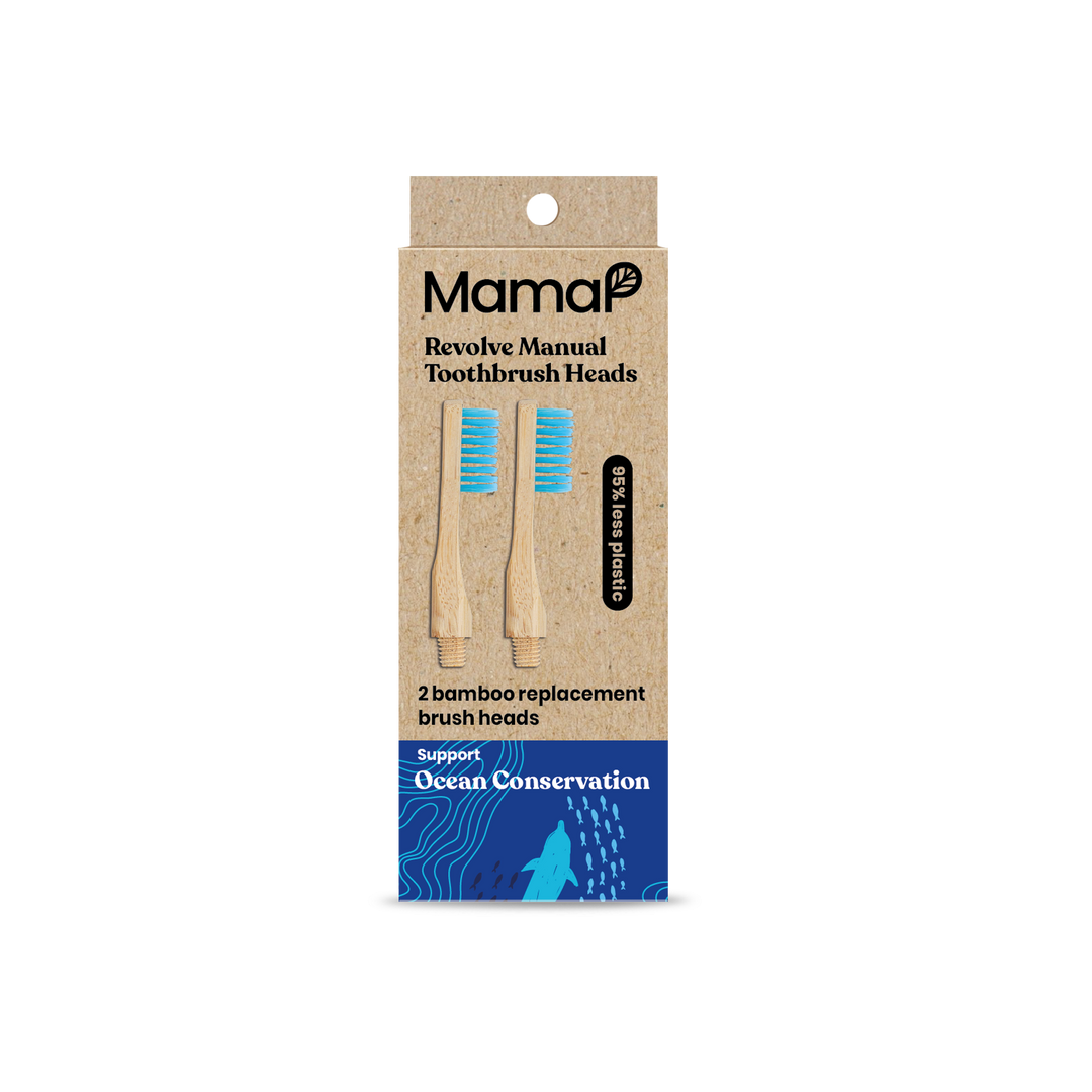 Bamboo toothbrush heads refill pack box with blue bristles, 2 replacement heads