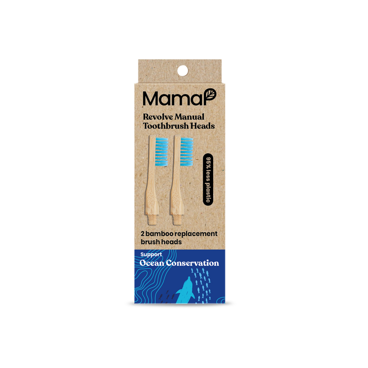 Bamboo toothbrush heads refill pack box with blue bristles, 2 replacement heads
