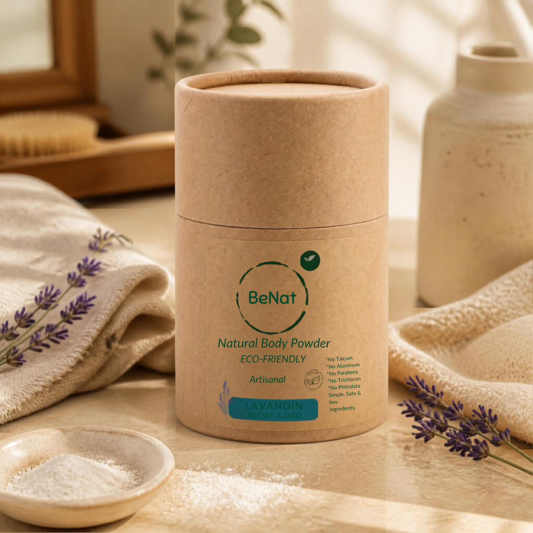 BeNat natural body powder canister with lavender sprigs and a bowl of powder.