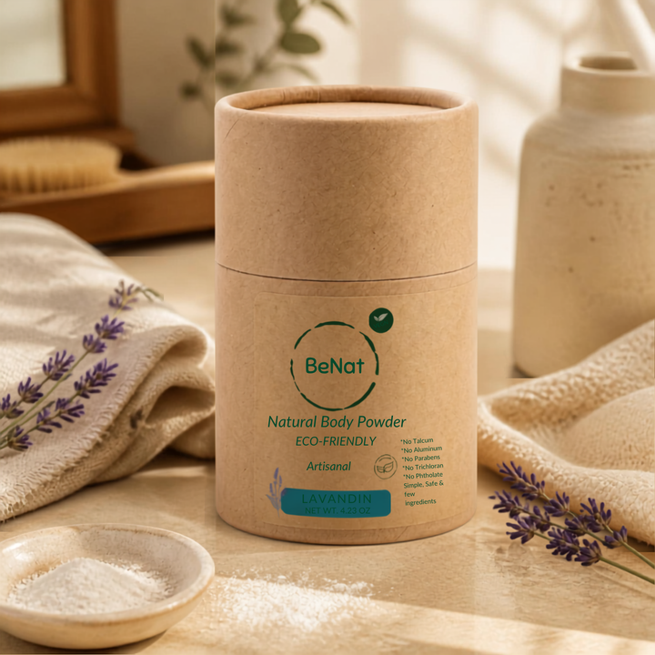 BeNat natural body powder canister with lavender sprigs and a bowl of powder.