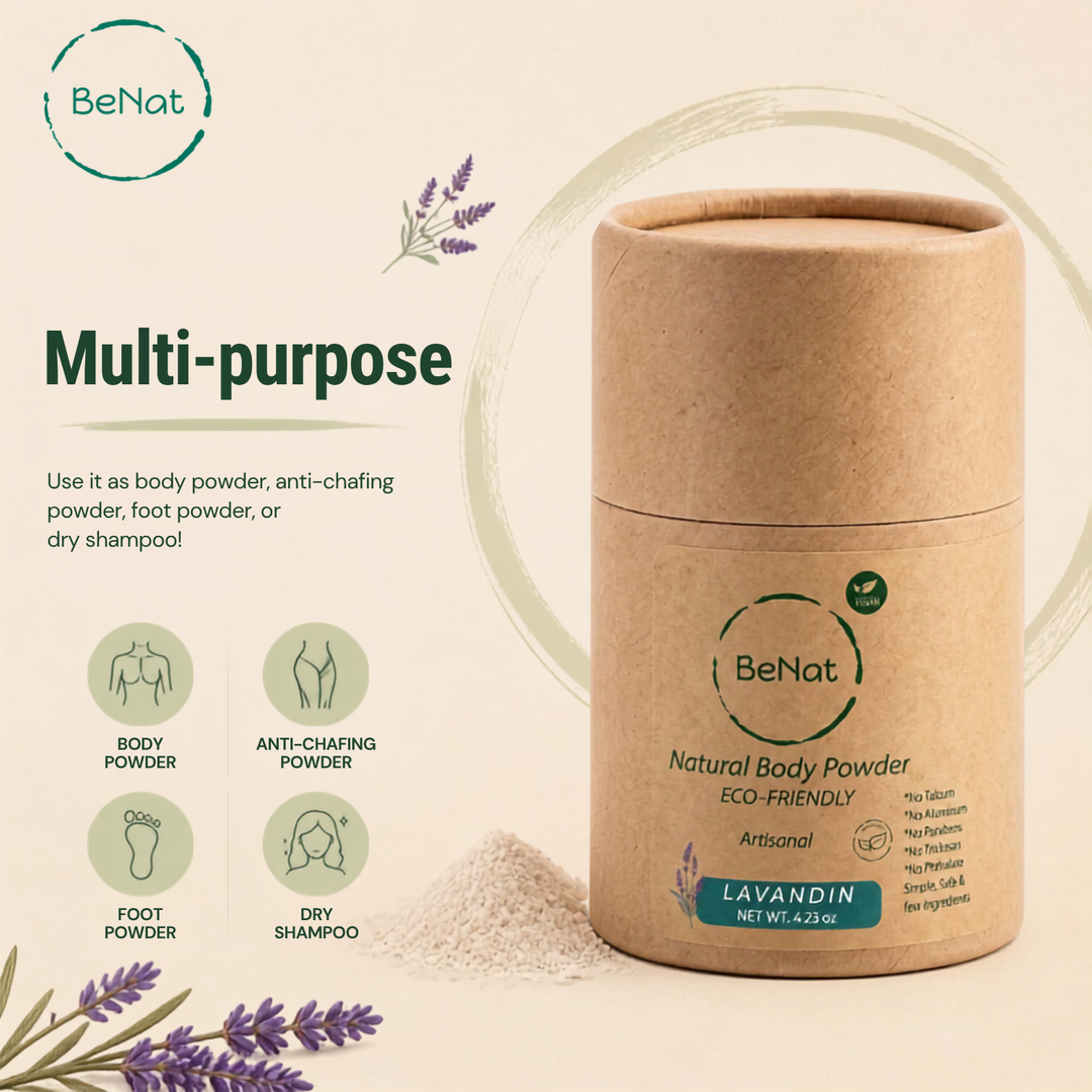 BeNat natural body powder canister, LAVANDIN lavender scent, multi-use powder.