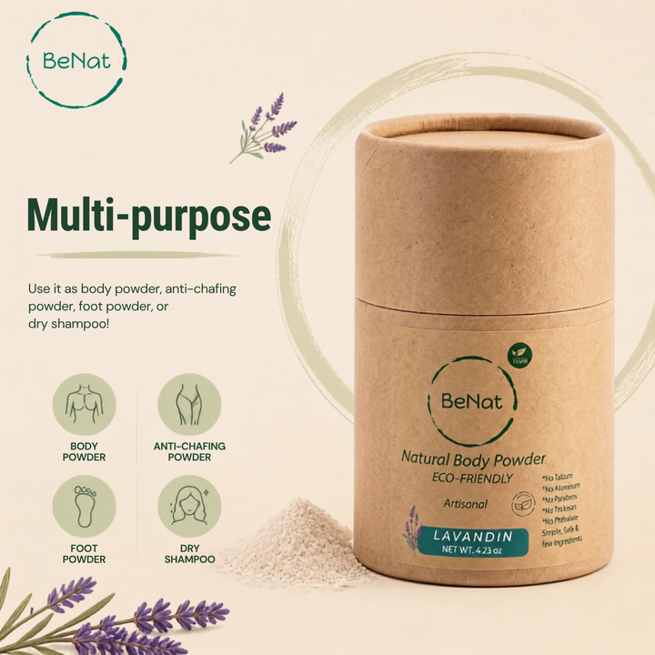 BeNat natural body powder canister, LAVANDIN lavender scent, multi-use powder.